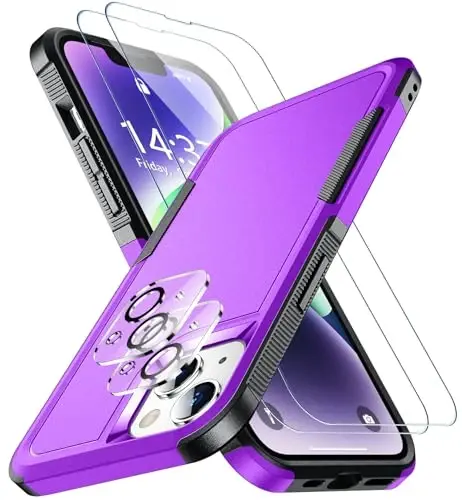 SPIDERCASE for iPhone 14 Case/iPhone 15 Case, [15 FT Military Grade Drop Protection][Non-Slip] 2 Pack [Tempered Glass Screen Protectors+Camera Lens Protectors] Heavy Duty Shockproof Case, Deep Purple 