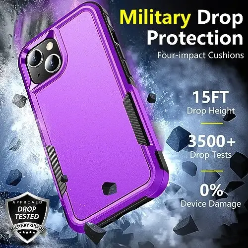 SPIDERCASE for iPhone 14 Case/iPhone 15 Case, [15 FT Military Grade Drop Protection][Non-Slip] 2 Pack [Tempered Glass Screen Protectors+Camera Lens Protectors] Heavy Duty Shockproof Case, Deep Purple - 3