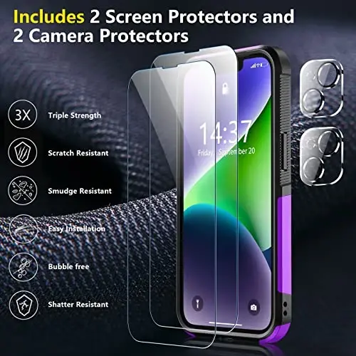 SPIDERCASE for iPhone 14 Case/iPhone 15 Case, [15 FT Military Grade Drop Protection][Non-Slip] 2 Pack [Tempered Glass Screen Protectors+Camera Lens Protectors] Heavy Duty Shockproof Case, Deep Purple - 4