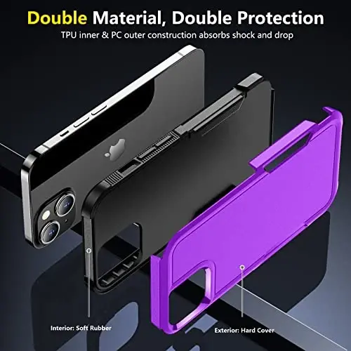 SPIDERCASE for iPhone 14 Case/iPhone 15 Case, [15 FT Military Grade Drop Protection][Non-Slip] 2 Pack [Tempered Glass Screen Protectors+Camera Lens Protectors] Heavy Duty Shockproof Case, Deep Purple - 6