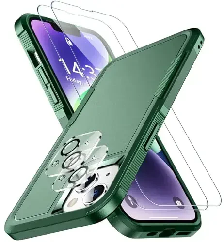 SPIDERCASE for iPhone 14 Case/iPhone 15 Case, [15 FT Military Grade Drop Protection][Non-Slip] 2 Pack [Tempered Glass Screen Protectors+Camera Lens Protectors] Heavy Duty Shockproof Case, Deep Green 