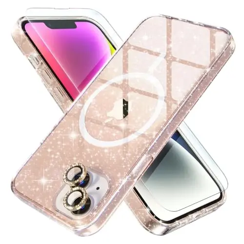 Choiche Magnetic Case for iPhone 14 Plus, Women Clear Glitter Bling Sparkly Case, [2xDiamond Camera Lens Protectors] [2xTempered Glass Screen Protectors] [Compatible MagSafe] (Glitter Gold) 