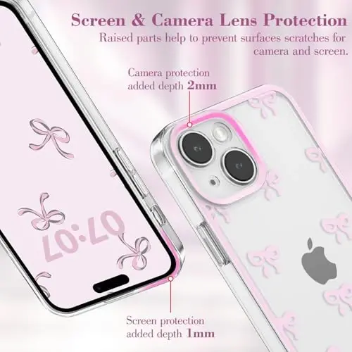EYZUTAK Case for iPhone 14 Plus, Clear Cute Ribbon Bowknot Pattern Aesthetic Transparent Phone Case Raised Camera Protection Stylish Slim Soft Durable TPU Protective Cover for Women Girls - Pink - 2