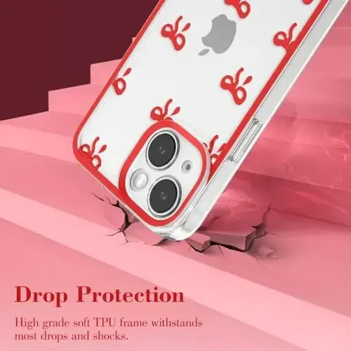 EYZUTAK Case for iPhone 14 Plus, Clear Cute Ribbon Bowknot Pattern Aesthetic Transparent Phone Case Raised Camera Protection Stylish Slim Soft Durable TPU Protective Cover for Women Girls - Red - 3