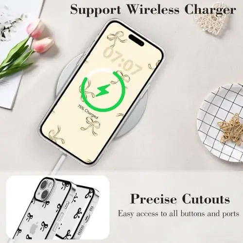 EYZUTAK Case for iPhone 14 Plus, Clear Cute Ribbon Bowknot Pattern Aesthetic Transparent Phone Case Raised Camera Protection Stylish Slim Soft Durable TPU Protective Cover for Women Girls - Black - 5