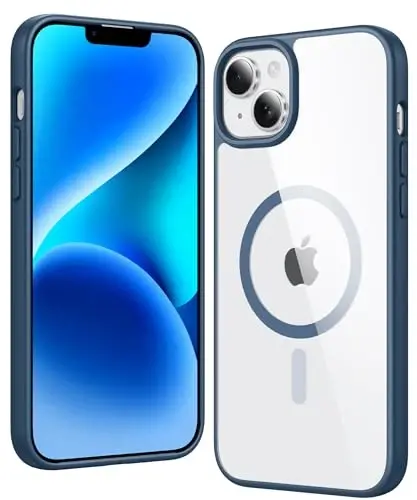 FNTCASE for iPhone 14 Plus Case: Clear Magnetic Phone Cases Compatible with Magsafe Slim Anti Yellowing Military Grade Drop Protection Rugged Protective Transparent Cell Phone Cover (B-Blue) 