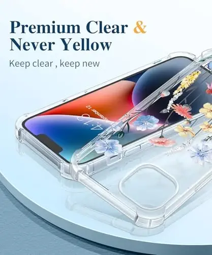 iPhone 14 Plus için GVIEWIN Çiçekli Kılıf, Ekran Koruyucu ve Kamera Lensi Koruyuculu, [Sararma Yapmaz] Kadınlar için Yumuşak Darbe Emici Şeffaf Telefon Kılıfı, Çiçek Desenli Tasarım 6.7