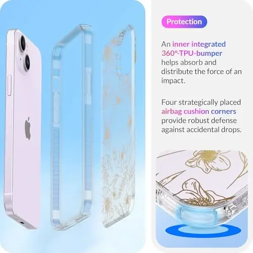LONLI Hue Case for iPhone 14 Plus - [360° Shock-Absorbent Bumper] - [Cute and Unique Phone Cover for Girls and Women] - Gold Floral - 4