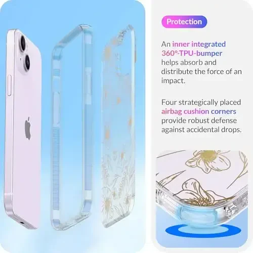 LONLI Hue Case for iPhone 14 Plus - [360° Shock-Absorbent Bumper] - [Cute and Unique Phone Cover for Girls and Women] - Gold Floral - 4