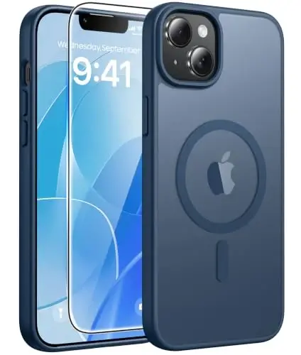 FNTCASE for iPhone 15/14 Plus Case, Fit for Magsafe, Screen Protector Blue | Translucent Matte Magnetic Back, 14FT Military Grade Drop Protection, Shockproof Protective Phone Cover, Blue 