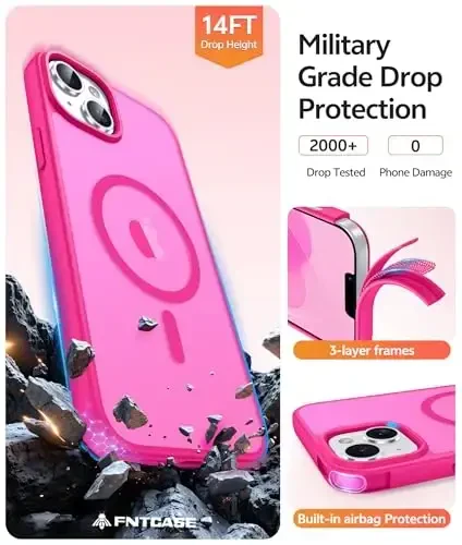 FNTCASE for iPhone 15 Plus Case: for iPhone 14 Plus Case [Compatible with Magsafe] Translucent Matte Cases with [Screen Protector] Military Grade Shockproof Protective Phone Cover - Hot Pink - 5