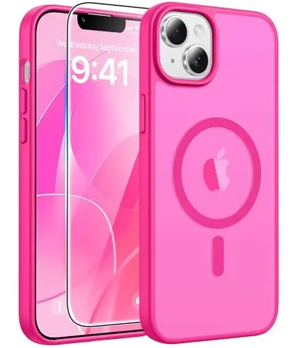 FNTCASE for iPhone 15/14 Plus Case, Fit for Magsafe, Screen Protector | Translucent Matte Magnetic Back, 14FT Military Grade Drop Protection, Shockproof Protective Phone Cover, Hot Pink 
