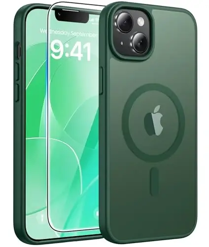 FNTCASE for iPhone 15/14 Plus Case, Fit for Magsafe, Screen Protector Green | Translucent Matte Magnetic Back, 14FT Military Grade Drop Protection, Shockproof Protective Phone Cover, Green 