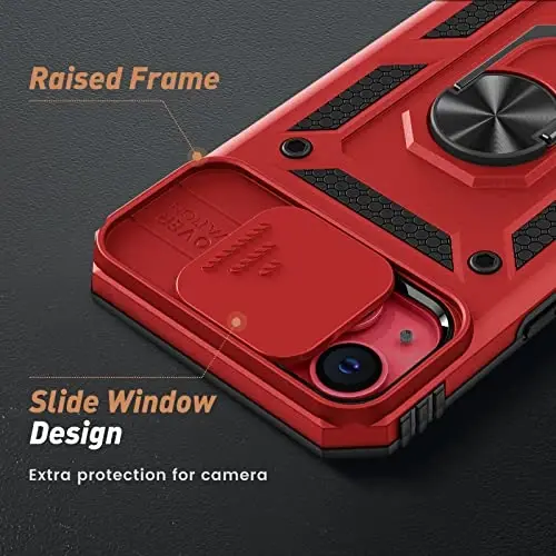 Goton for iPhone 14 Plus Case with Screen Protector - Slide Camera Cover Phone Case with Ring Stand, Heavy Duty Military Grade Shockproof Rugged Bumper for iPhone 14 Plus Accessories Red - 3