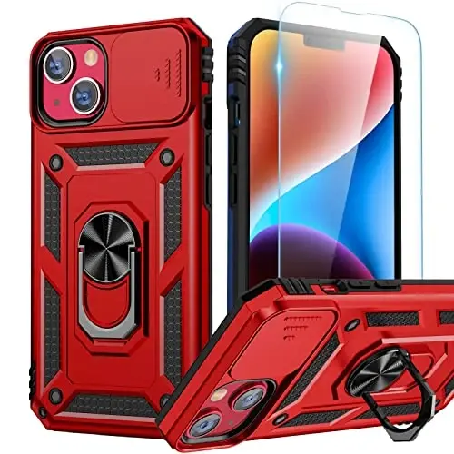 Goton for iPhone 14 Plus Case with Screen Protector - Slide Camera Cover Phone Case with Ring Stand, Heavy Duty Military Grade Shockproof Rugged Bumper for iPhone 14 Plus Accessories Red 
