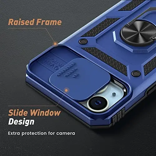 Goton for iPhone 14 Plus Case with Screen Protector - Slide Camera Cover Phone Case with Ring Stand, Heavy Duty Military Grade Shockproof Rugged Bumper for iPhone 14 Plus Accessories Blue - 3