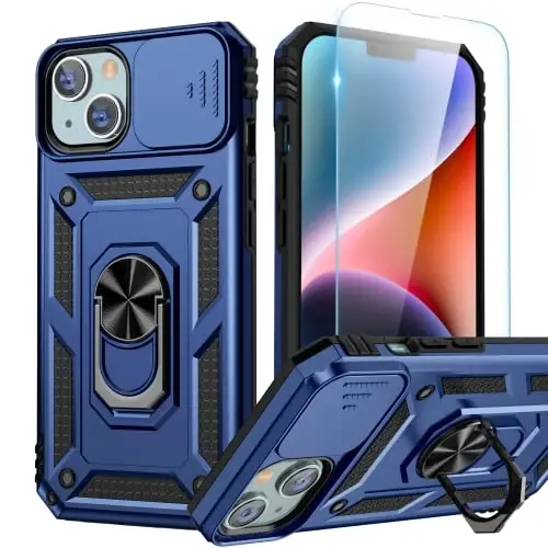Goton for iPhone 14 Plus Case with Screen Protector - Slide Camera Cover Phone Case with Ring Stand, Heavy Duty Military Grade Shockproof Rugged Bumper for iPhone 14 Plus Accessories Blue - GOTON