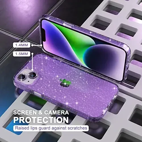 Choiche Compatible for iPhone 14 Plus Case Women Phone Case, Cute Bling Sparkly, Military Grade Drop Protection, 2 Diamond Camera Lens Covers, 2 Tempered Glass Protectors, 6.7 inch (Glitter Purple) - 4