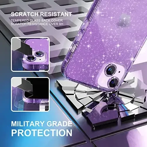 Choiche Compatible for iPhone 14 Plus Case Women Phone Case, Cute Bling Sparkly, Military Grade Drop Protection, 2 Diamond Camera Lens Covers, 2 Tempered Glass Protectors, 6.7 inch (Glitter Purple) - 5