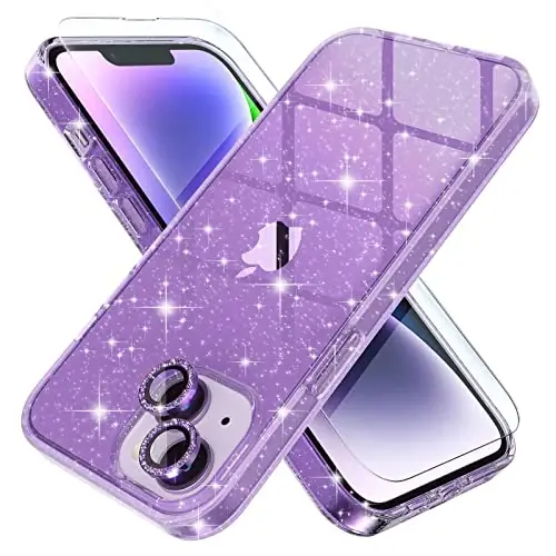 Choiche Compatible for iPhone 14 Plus Case Women Phone Case, Cute Bling Sparkly, Military Grade Drop Protection, 2 Diamond Camera Lens Covers, 2 Tempered Glass Protectors, 6.7 inch (Glitter Purple) - 1