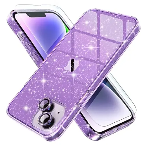 Choiche Compatible for iPhone 14 Plus Case Women Phone Case, Cute Bling Sparkly, Military Grade Drop Protection, 2 Diamond Camera Lens Covers, 2 Tempered Glass Protectors, 6.7 inch (Glitter Purple) 