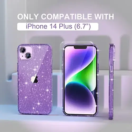 iPhone 14 Plus uchun Choiche mos keladigan ayollar telefon qutisi, chiroyli yaltiroq, harbiy darajadagi tushishdan himoya, 2 olmosli kamera linzalari qopqog'i, 2 закаленное shisha himoyachisi, 6,7 dyuym (Glitter Purple) - 2