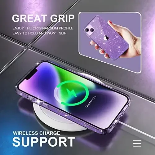 iPhone 14 Plus uchun Choiche mos keladigan ayollar telefon qutisi, chiroyli yaltiroq, harbiy darajadagi tushishdan himoya, 2 olmosli kamera linzalari qopqog'i, 2 закаленное shisha himoyachisi, 6,7 dyuym (Glitter Purple) - 6
