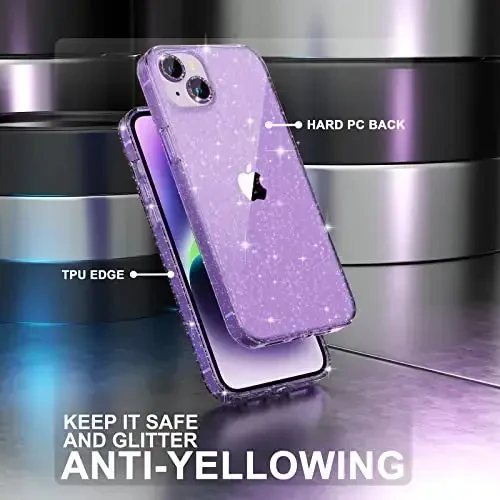 iPhone 14 Plus uchun Choiche mos keladigan ayollar telefon qutisi, chiroyli yaltiroq, harbiy darajadagi tushishdan himoya, 2 olmosli kamera linzalari qopqog'i, 2 закаленное shisha himoyachisi, 6,7 dyuym (Glitter Purple) - 7