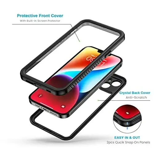iPhone 14 Plus uchun Lanhiem g'ilofi, IP68 suv o'tkazmaydigan chang o'tkazmaydigan zarbaga chidamli g'iloflar, o'rnatilgan ekran himoyachisi bilan, iPhone 14 Plus uchun to'liq himoya qiluvchi telefon g'ilofi - 6,7 dyuym (qora) - 3
