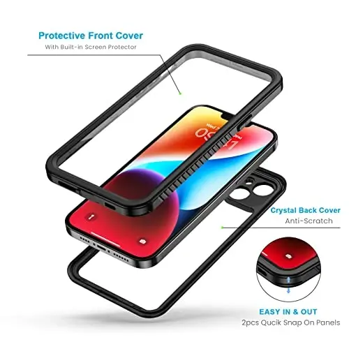 iPhone 14 Plus uchun Lanhiem g'ilofi, IP68 suv o'tkazmaydigan chang o'tkazmaydigan zarbaga chidamli g'iloflar, o'rnatilgan ekran himoyachisi bilan, iPhone 14 Plus uchun to'liq himoya qiluvchi telefon g'ilofi - 6,7 dyuym (qora) - 3