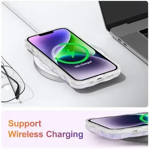 EYZUTAK Case for iPhone 14 Plus/iPhone 15 Plus, Colorful Retro Oil Painting Flower Laser Glossy Cute Curly Wave Edge Exquisite Phone Cover Stylish Durable TPU Protective Case for Women-Light Purple - 6