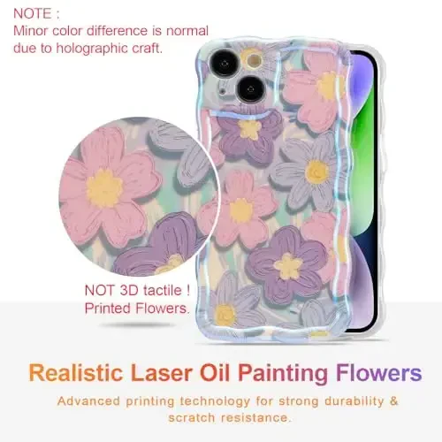 EYZUTAK Case for iPhone 14 Plus/iPhone 15 Plus, Colorful Retro Oil Painting Flower Laser Cute Curly Wave Edge Exquisite Phone Cover Stylish Durable TPU Protective Case for Girls Women - Pink Purple - EYZUTAK (1)