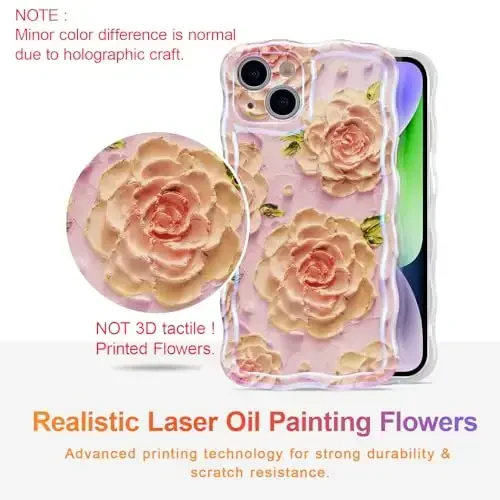 EYZUTAK Case for iPhone 14 Plus/iPhone 15 Plus, Colorful Retro Oil Painting Flower Laser Glossy Cute Curly Wave Edge Exquisite Phone Cover Stylish Durable TPU Protective Case for Girl Women-Pink Peony - 2