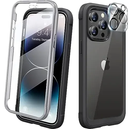 Diaclara Designed for iPhone 14 Pro Case 6.1’’, [2023 Upgraded] Full Body Rugged Case w/Built-in Touch Sensitive Anti-Scratch Screen Protector+9H Tempered Glass Camera Lens Protector (Black) - DIACLARA