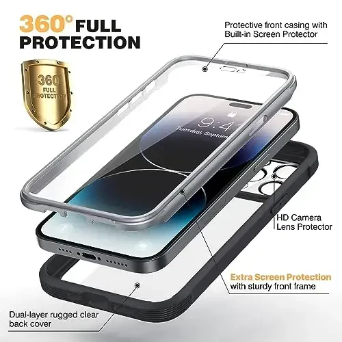 Diaclara Designed for iPhone 14 Pro Case 6.1’’, [2023 Upgraded] Full Body Rugged Case w/Built-in Touch Sensitive Anti-Scratch Screen Protector+9H Tempered Glass Camera Lens Protector (Black) - DIACLARA (1)