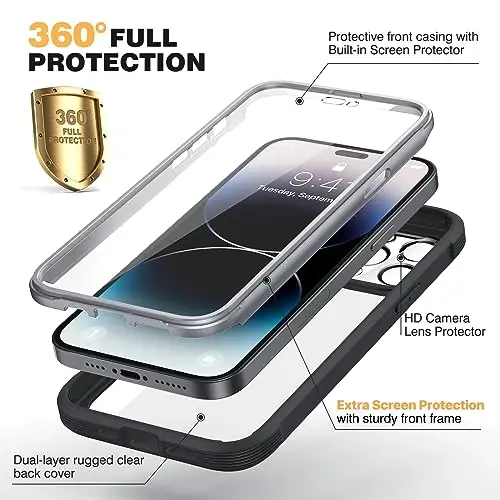 Diaclara Designed for iPhone 14 Pro Case 6.1’’, [2023 Upgraded] Full Body Rugged Case w/Built-in Touch Sensitive Anti-Scratch Screen Protector+9H Tempered Glass Camera Lens Protector (Black) - 2