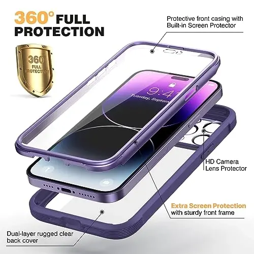 Diaclara Designed for iPhone 14 Pro Case 6.1’’, Full Body Rugged Protective Case+ Camera Lens Protector w/Built-in Touch Sensitive Anti-Scratch Screen Protector, Bumper (Royal Purple) - 8
