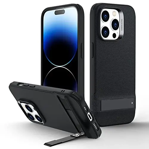 iPhone 14 Pro için ESR Kılıf, 3 Stand Modu, Askeri Sınıf Düşme Koruması, Kablosuz Şarjı Destekler, Standlı İnce Arka Kapak, iPhone 14 Pro için Telefon Kılıfı, Metal Destek Çubuklu Kılıf, Siyah 