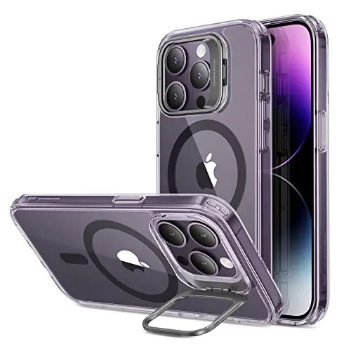 ESR for iPhone 14 Pro Case, Compatible with MagSafe, Built-in Camera Ring Stand, Military-Grade Protection, Magnetic Phone Case for iPhone 14 Pro, Classic Kickstand Case (HaloLock), Clear Purple - 1