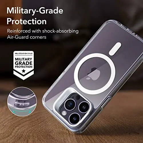 ESR for iPhone 14 Pro Case, Compatible with MagSafe, Built-in Camera Ring Stand, Military-Grade Protection, Magnetic Phone Case for iPhone 14 Pro, Classic Kickstand Case (HaloLock), Clear - 6