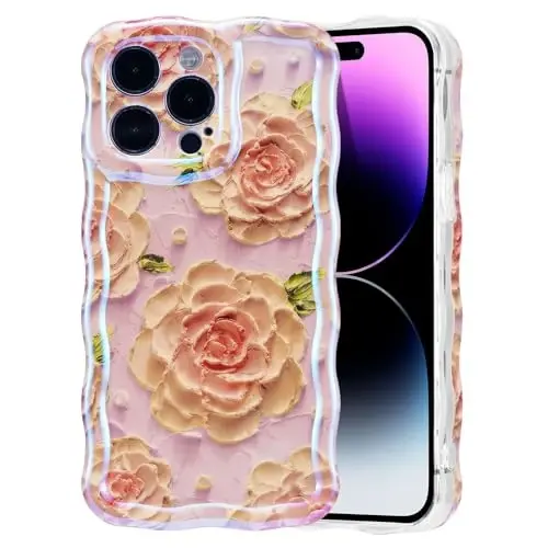 EYZUTAK Case for iPhone 14 Pro, Colorful Retro Oil Painting Flower Laser Glossy Pattern Cute Curly Waves Edge Exquisite Phone Cover Stylish Durable TPU Protective Case for Girls Women - Pink Peony - 1