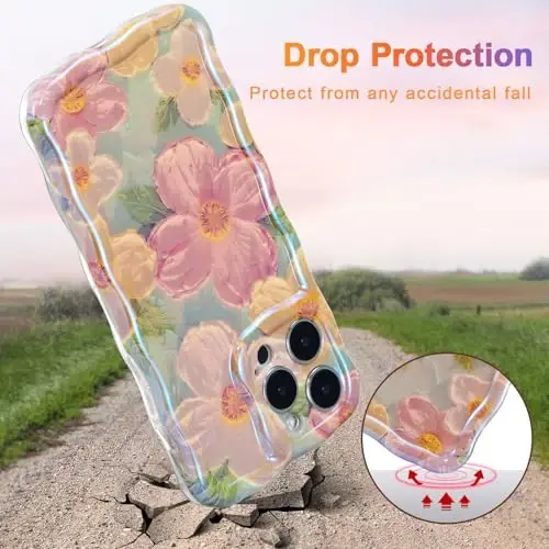 EYZUTAK Case for iPhone 14 Pro, Colorful Retro Oil Painting Printed Flower Laser Glossy Pattern Cute Curly Waves Border Exquisite Phone Cover Stylish Durable TPU Protective Case for Girls Women -Green 