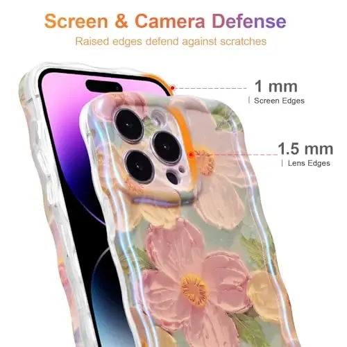 EYZUTAK Case for iPhone 14 Pro, Colorful Retro Oil Painting Printed Flower Laser Glossy Pattern Cute Curly Waves Border Exquisite Phone Cover Stylish Durable TPU Protective Case for Girls Women -Green - 5