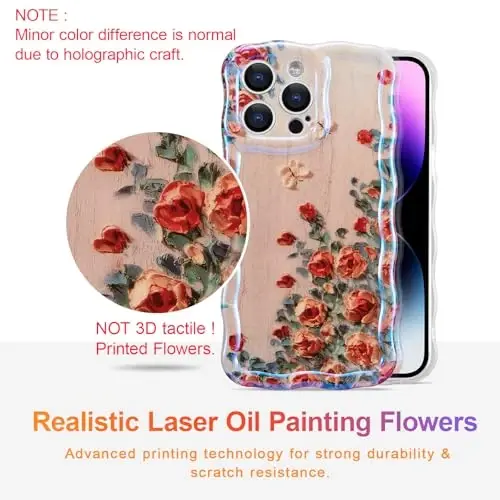 EYZUTAK Case for iPhone 14 Pro, Colorful Retro Oil Painting Printed Flower Laser Glossy Pattern Cute Curly Waves Border Exquisite Phone Cover Stylish Durable TPU Protective Case for Girls Women -Beige - EYZUTAK (1)