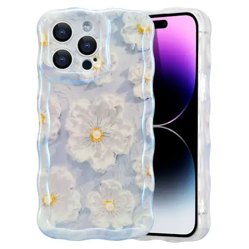 EYZUTAK Case for iPhone 14 Pro, Colorful Retro Oil Painting Flower Laser Glossy Pattern Cute Curly Wave Border Exquisite Phone Cover Stylish Durable TPU Protective Case for Girls Women - Light Blue 