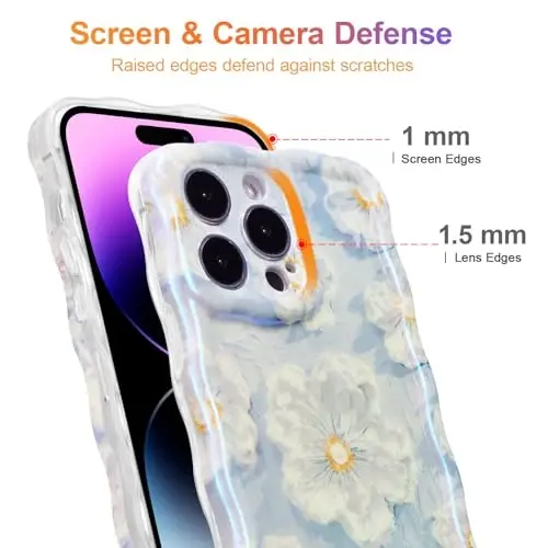 EYZUTAK Case for iPhone 14 Pro, Colorful Retro Oil Painting Flower Laser Glossy Pattern Cute Curly Wave Border Exquisite Phone Cover Stylish Durable TPU Protective Case for Girls Women - Light Blue - 4