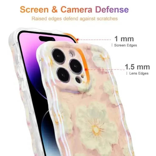 EYZUTAK Case for iPhone 14 Pro, Colorful Retro Oil Painting Flower Laser Glossy Pattern Cute Curly Wave Border Exquisite Phone Cover Stylish Durable TPU Protective Case for Girls Women - Light Pink - 4