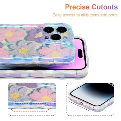 EYZUTAK Case for iPhone 14 Pro, Colorful Retro Oil Painting Flower Laser Glossy Design Cute Curly Wave Edge Exquisite Phone Cover Stylish Durable TPU Protective Case for Girls Women - Pink Purple - 5