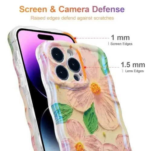 EYZUTAK Case for iPhone 14 Pro, Colorful Retro Oil Painting Flower Leaf Laser Glossy Pattern Cute Curly Wave Edge Exquisite Phone Cover Stylish Durable TPU Protective Case for Girls Women - Pink Green - 4