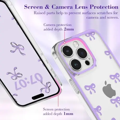 EYZUTAK Case for iPhone 14 Pro, Clear Cute Ribbon Bowknot Pattern Aesthetic Transparent Phone Case Raised Camera Protection Stylish Slim Soft Durable TPU Protective Cover for Women Girls - Purple - 11